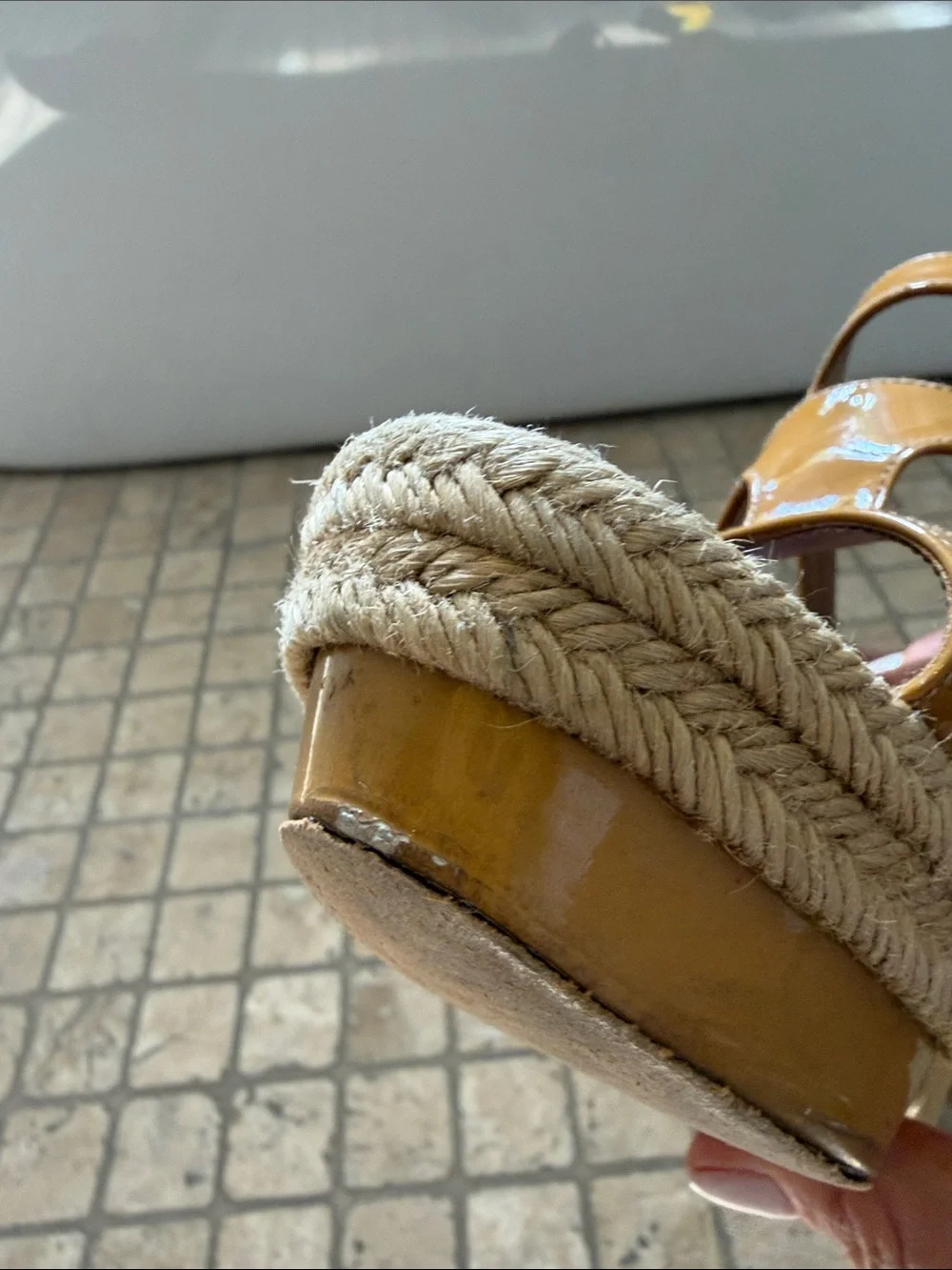 Christian Louboutin Tan Patent Leather Espadrille Wedge Sandals